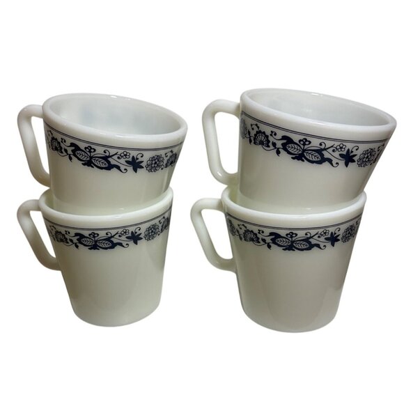 Pyrex Mugs Old Towne Blue Onion Milk Glass Coffee Cups Set Of 4 Vintage USA - Picture 1 of 7